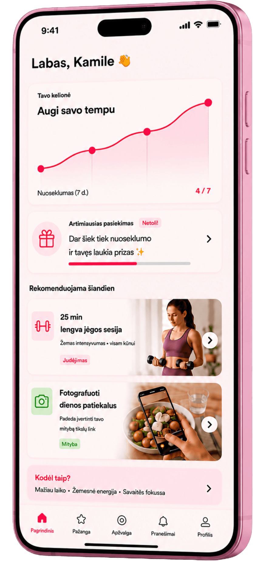 Kjut programėlės pagrindinis ekranas su kelione, progresu ir rekomendacijomis