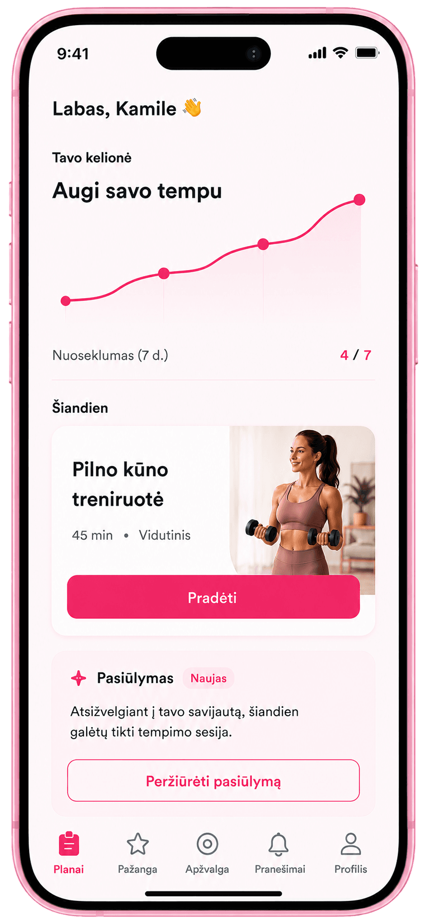 Kjut programėlės mobilus ekranas su treniruotėmis ir pažanga