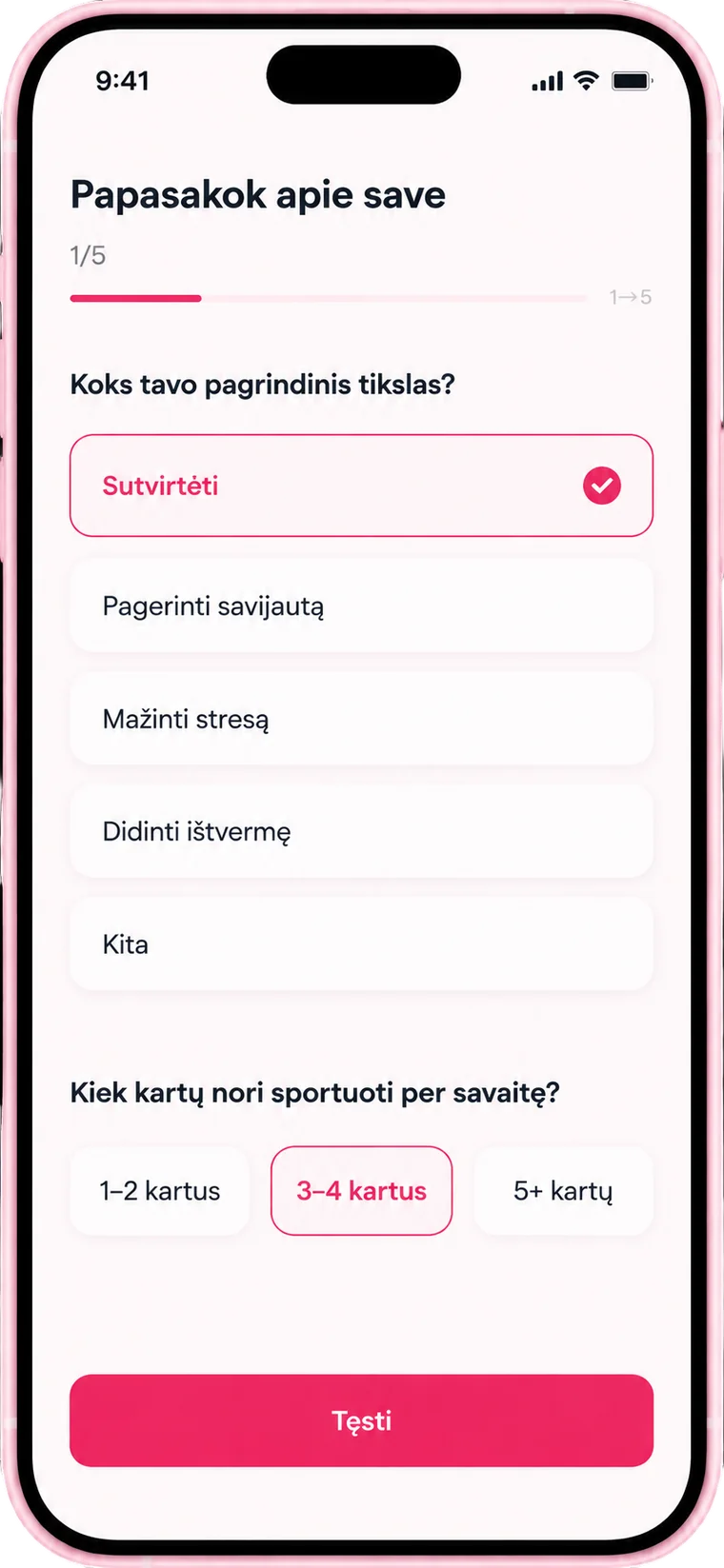 Kjut app - onboarding tikslų pasirinkimas