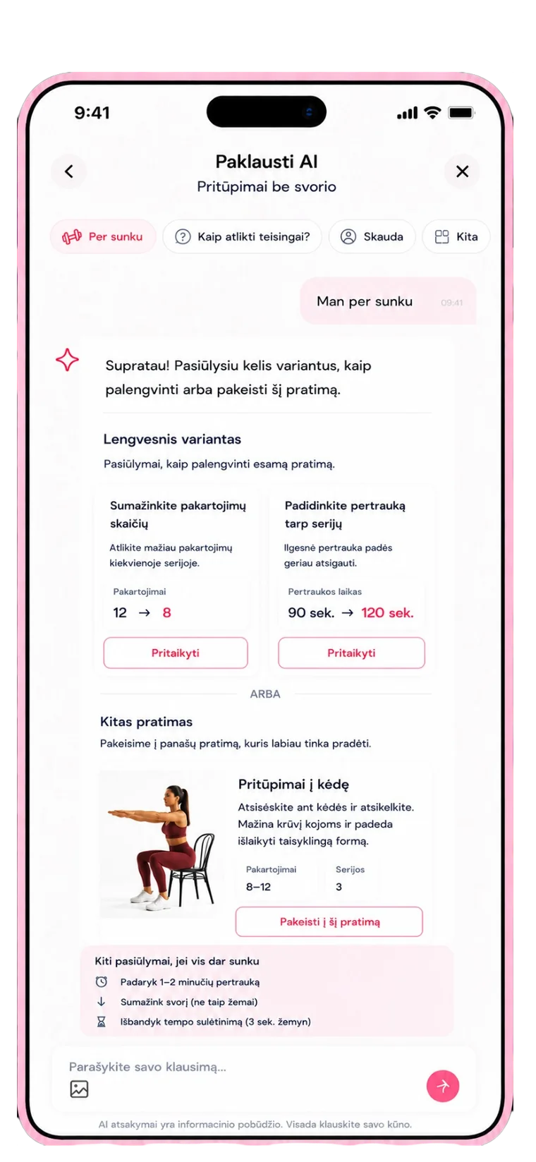 Kjut app - paklausti AI dėl pratimo