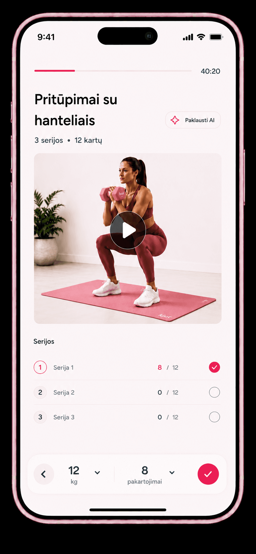 Kjut app - treniruotės ekranas su serijomis ir vaizdo instrukcijomis
